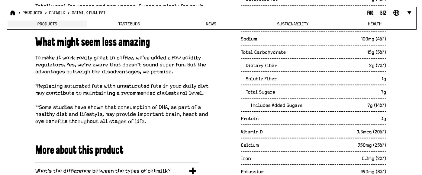 Oatly product page section headed 'What might seem less amazing', admitting they add acidity regulators to make it work in coffee