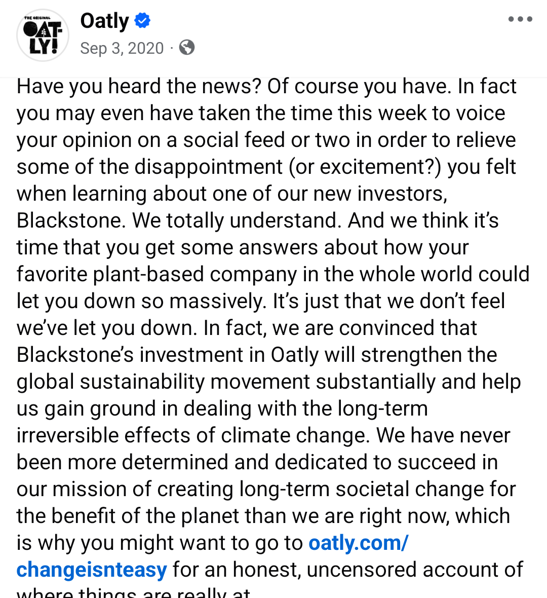 Oatly's real Facebook post responding to the Blackstone investment backlash — the full honest caption from their verified account