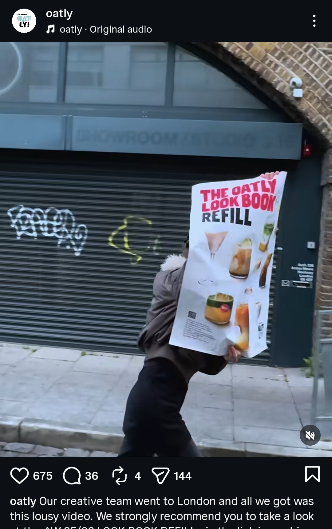 Oatly's real Instagram post: someone on a London street holding a Look Book carton over their head, captioned 'Our creative team went to London and all we got was this lousy video'