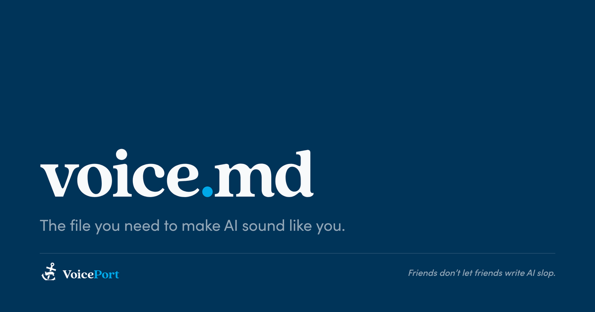 Editorial hero image for voice.md with VoicePort branding on a Deep Space background.